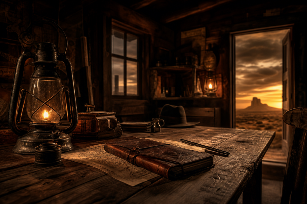 Rustic wooden desk with a lit oil lantern, leather journal, and map inside a dimly lit cabin overlooking a desert sunset