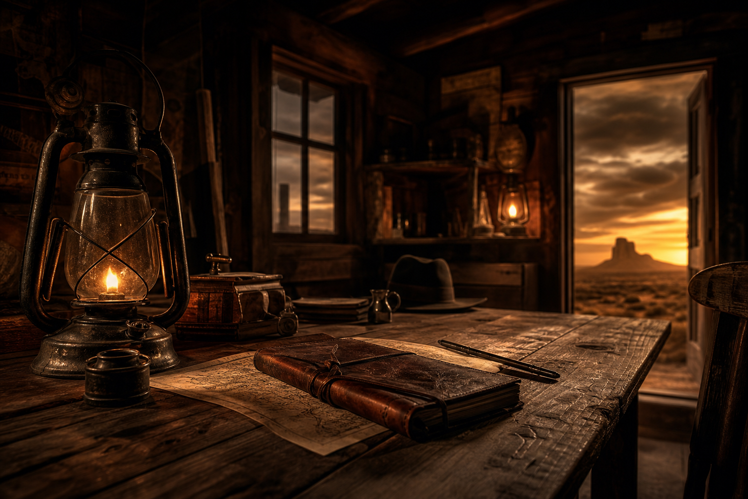 Rustic wooden desk with a lit oil lantern, leather journal, and map inside a dimly lit cabin overlooking a desert sunset