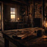 Interior of a rustic frontier cabin at dusk, with a lit oil lantern, worn journal, and tin mug on a rough wooden table overlooking a desert landscape
