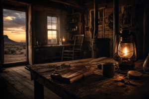 Interior of a rustic frontier cabin at dusk, with a lit oil lantern, worn journal, and tin mug on a rough wooden table overlooking a desert landscape
