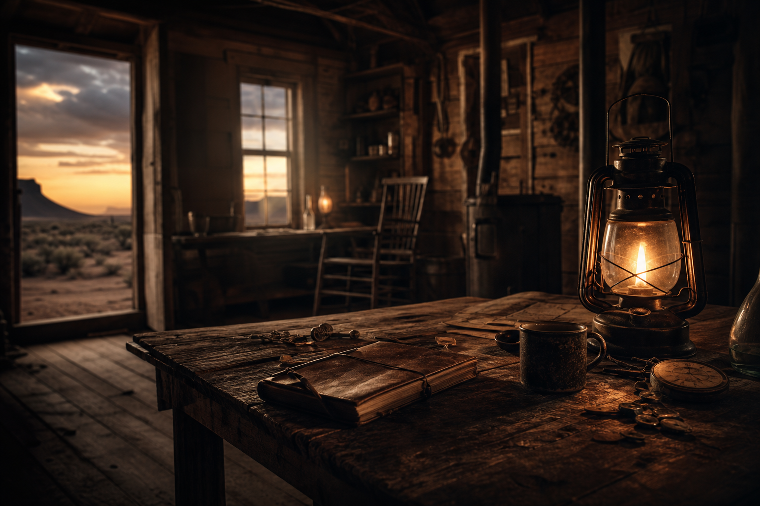 Interior of a rustic frontier cabin at dusk, with a lit oil lantern, worn journal, and tin mug on a rough wooden table overlooking a desert landscape