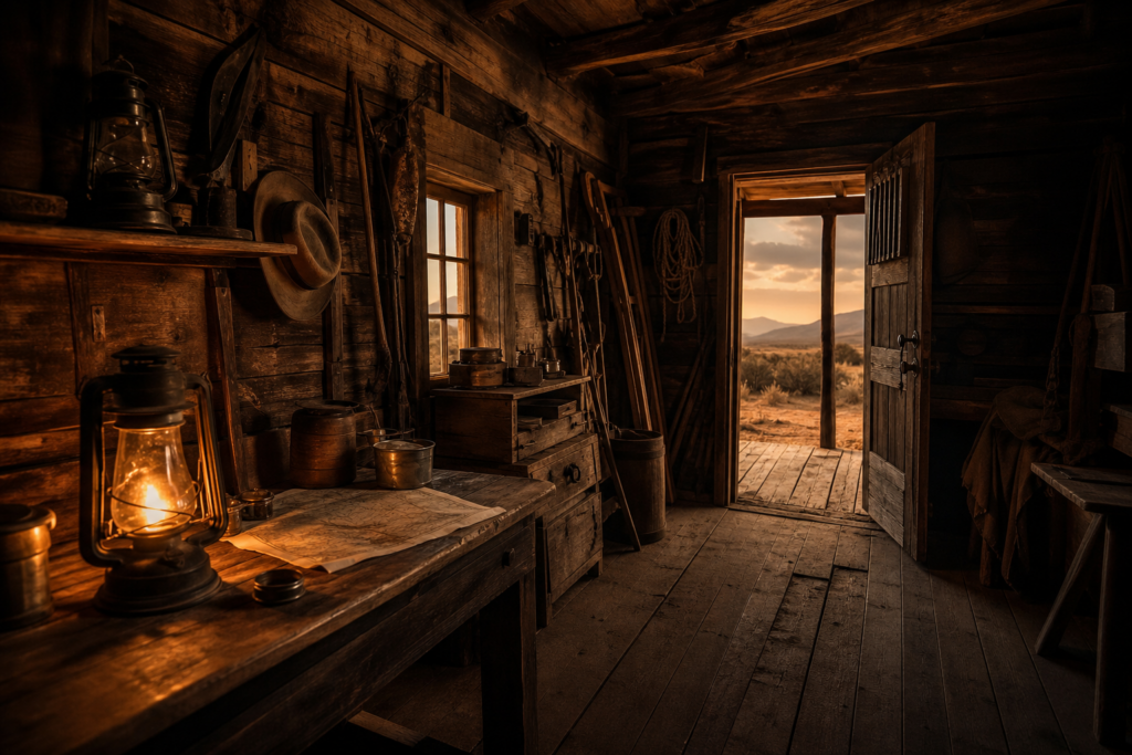 Interior of a rustic frontier cabin with a lit oil lantern, old map, tools, and an open door revealing a desert landscape at sunset