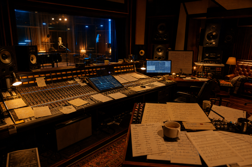 Recording studio control room with a large mixing console, studio monitors, computer screens, and handwritten notes including a phonetic symbols reference sheet