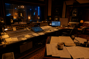 Recording studio control room with a large mixing console, studio monitors, computer screens, and handwritten notes including a phonetic symbols reference sheet