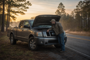 Man inspecting engine of Nissan Titan pickup truck parked roadside at sunrise