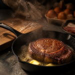 Seared steak sizzling in a cast iron skillet with melting butter, steam rising, with eggs and bacon in the background