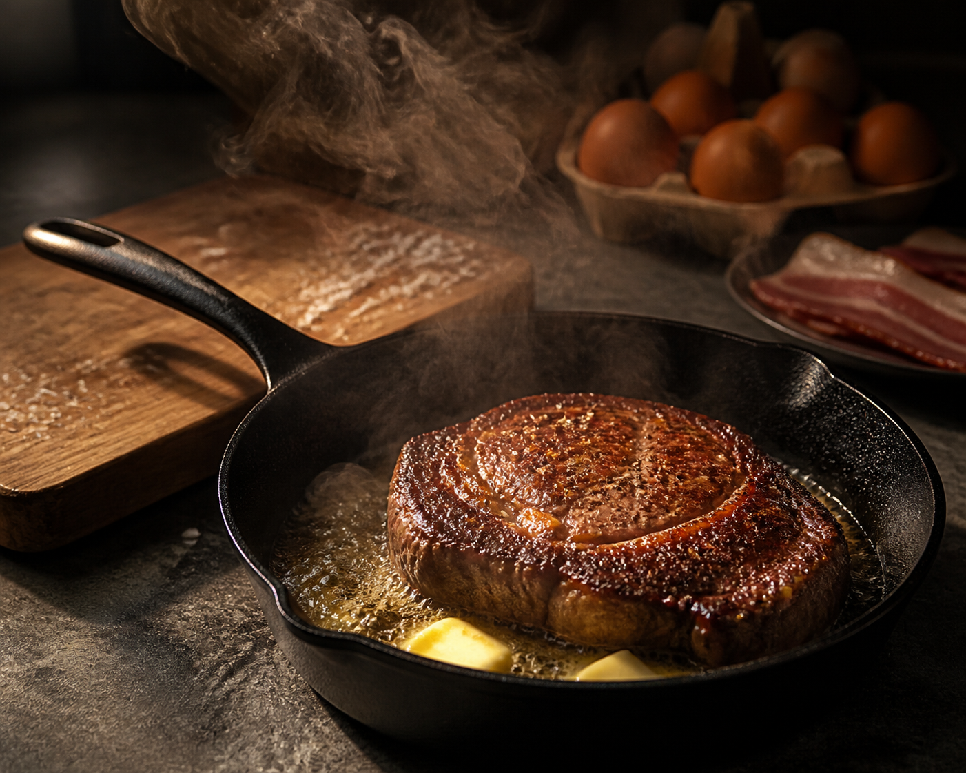 Seared steak sizzling in a cast iron skillet with melting butter, steam rising, with eggs and bacon in the background