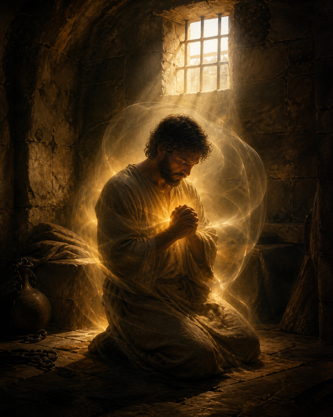 Man kneels in prayer inside a stone prison cell, surrounded by glowing light from a barred window above