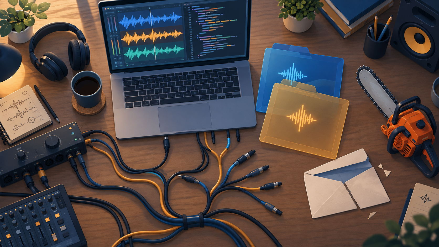 Illustration of an audio editing desk with laptop showing waveforms, mixing equipment, tangled cables, audio file folders, and a chainsaw symbolizing cutting audio